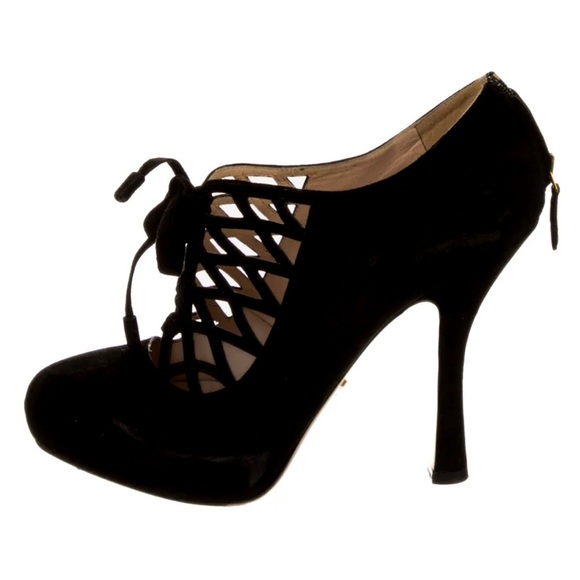 Prada Black Suede Caged Lace-Up Spool Heel Pumps 39 - Picture 1 of 4